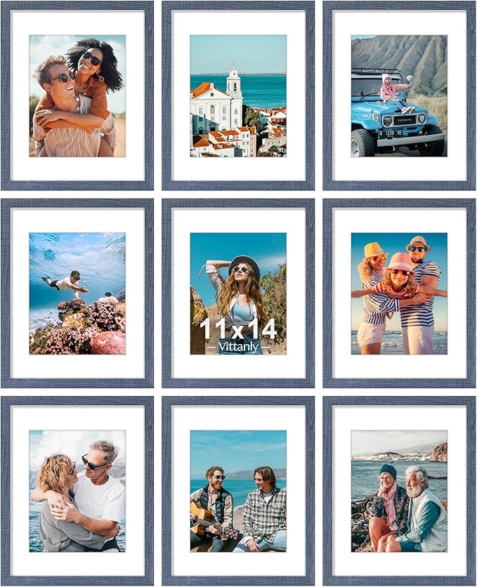 Vittanly 11x14 Picture Frames Set of 9, Shatter Resistant Plexiglass, Display 8x10 Pictures with Mat or 11x14 without Mat, Photo Frames for Wall or Tabletop, Engineered Wood, Navy-Ruum Studio Home