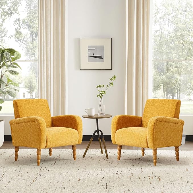 Chenille Fabric Accent Chairs Set of 2, Upholstered Armchair with Solid Wood Legs, Modern Living Room Accent Chair, Comfy Single Sofa Reading Club Chair for Bedroom Reception Lounge, Yellow-Ruum Studio Home
