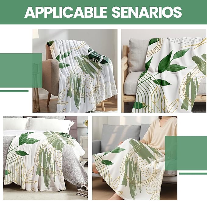 Sage Green Leaf Throw Blanket Mid-Century Green and Gold Boho Flannel Blankets for Couch Bed Living Room Sofa, Decorative Patterned Super Soft Cozy, 50x60 in-Ruum Studio Home