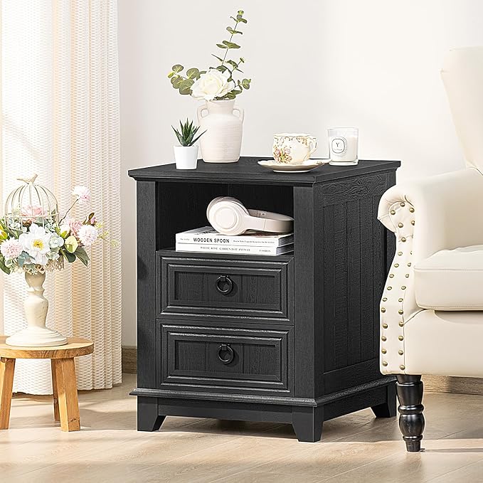 18" Farmhouse Night Stand with Charging Station, 2 Drawers End Table Dresser for Bedroom, Black Wooden Nightstand, Bed Side Table with Open Shelf, Bedside Cabinet for Living Room, Closet-Ruum Studio Home