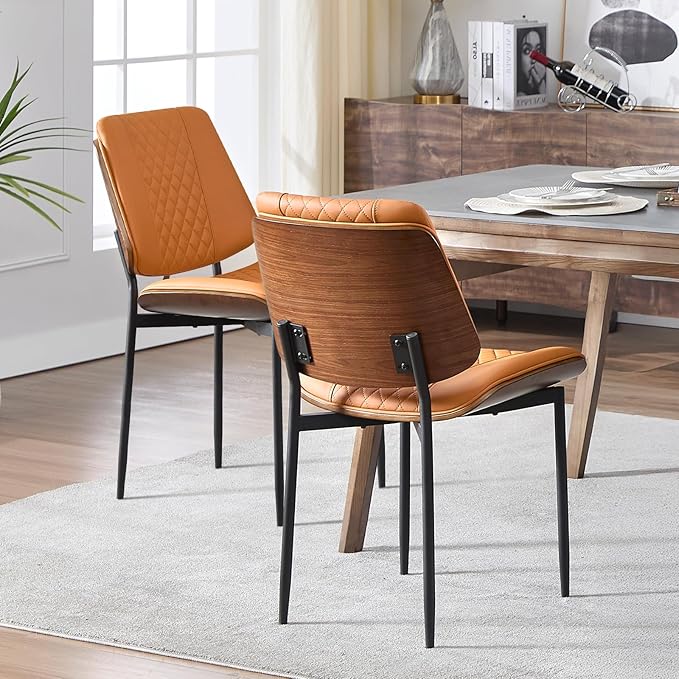 BV Dining Chairs Set of 2, PU Leather Armless Kitchen Chair in Modern Walnut Style, Mid Century Bentwood Side Chair with Metal Legs, Retro Accent Guest Chair for Kitchen Dining Room(Brown)-Ruum Studio Home