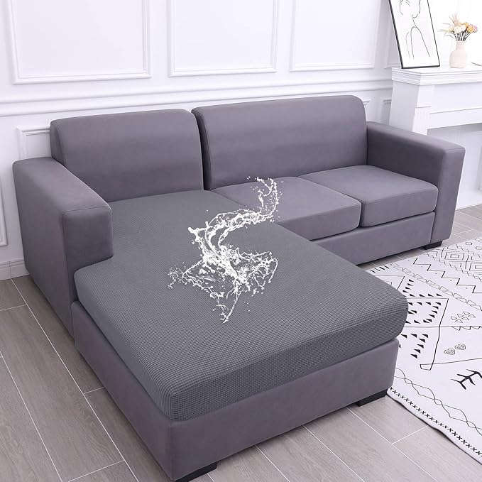 hyha Waterproof Sectional Couch Covers, Non Slip Sofa Couch Cushion Covers L Shape, Thick Stretch Jacquard Fabric, Washable Sofa Slipcovers with Elastic Bottom (1 Piece for Chaise, Middle Grey)-Ruum Studio Home