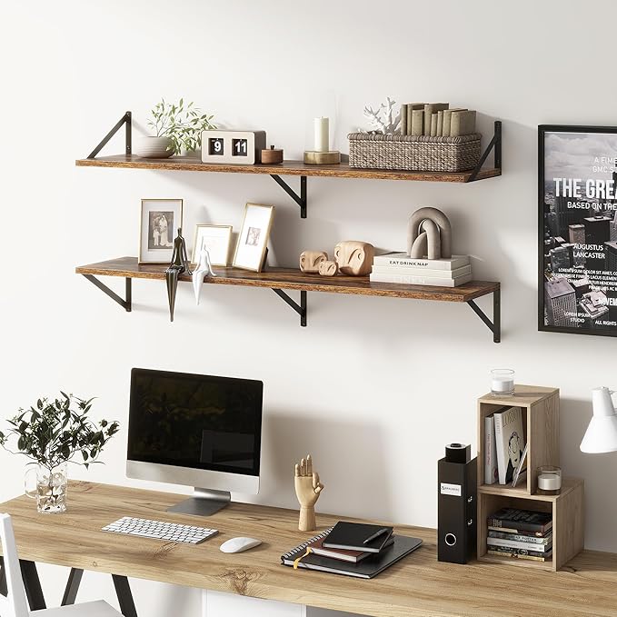 Floating Shelves 48 Inch Long, 10" Deep Floating Shelves, Wall Shelves 48 x 10, Set of 2, Wide Large Display Storage Shelves for Bathroom, Living Room, Rustic Wood Shelves with Brackets, Rustic Brown-Ruum Studio Home