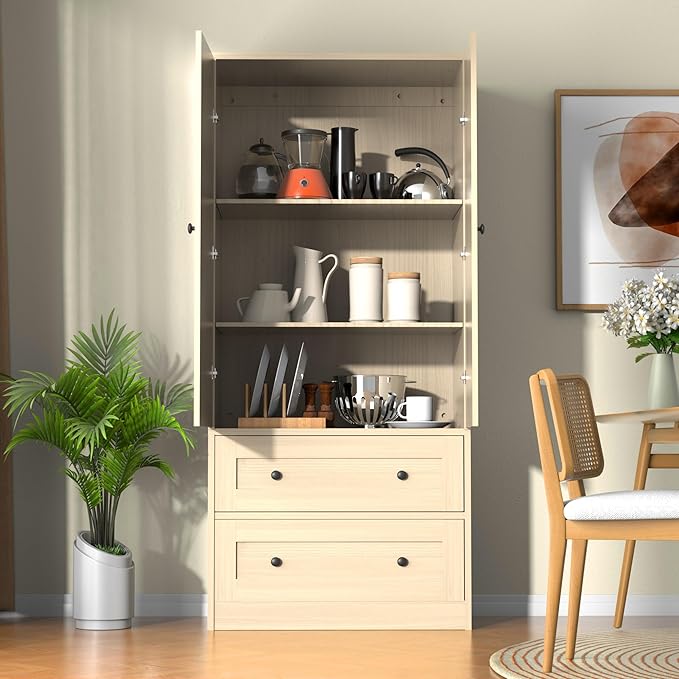 Rattan Oak Kitchen Pantry, 64.2" Tall Storage Cabinet with Doors and Drawers, Freestanding Wooden Storage Organizer for Kitchen, Dining Room-Ruum Studio Home