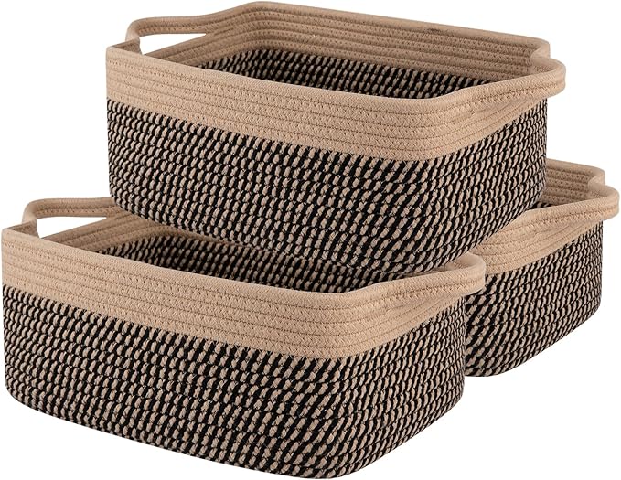 OIAHOMY 3 Pack Storage Baskets for Organizing, Woven Cotton Rope Basket for Shelves, Closet Organizer Bins with Handles, Rectangle Toy Organization, 13.78''×9.84''×5.5'', Brown & Black-Ruum Studio Home