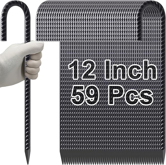VVOKGO Rebar Stakes 12 Inches J Hook Heavy Duty Chain Link Fence Stakes, 59 Pcs Metal Long Tent Spikes Ground Anchors for Wire Fencing, Dogs Digging, Camping Tents, Swings, Greenhouse, Black-Ruum Studio Home