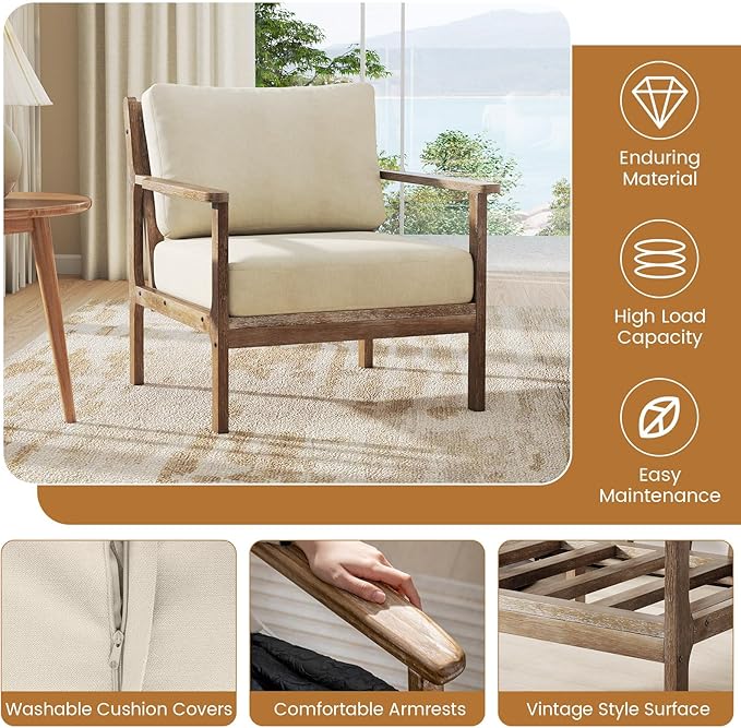 Giantex Mid Century Modern Accent Chair Set of 2, Wooden Arm Chair w/Solid Wood Frame, Removable Seat Cushion & Pillow, Vintage Comfy Reading Chair for Living Room, Bedroom, Study-Ruum Studio Home