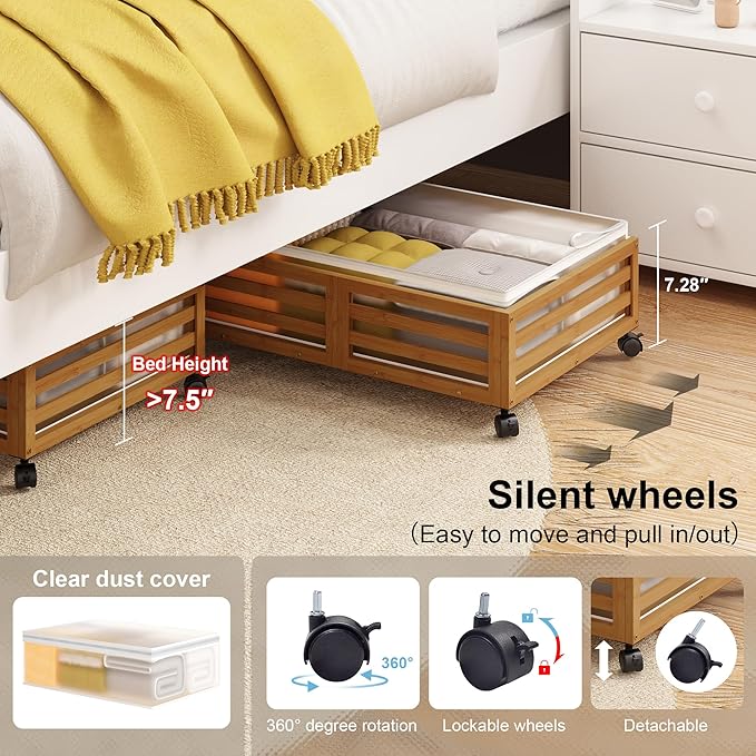 Under Bed Storage with Wheels-Large Bamboo Underbed storage Containers with Large Dust Bag Stackable Under the Bed Shoe Storage Bins for Clothes Books Bedding (2 Packs walnut, 23.62"L×16.54"W× 6.51"H)-Ruum Studio Home