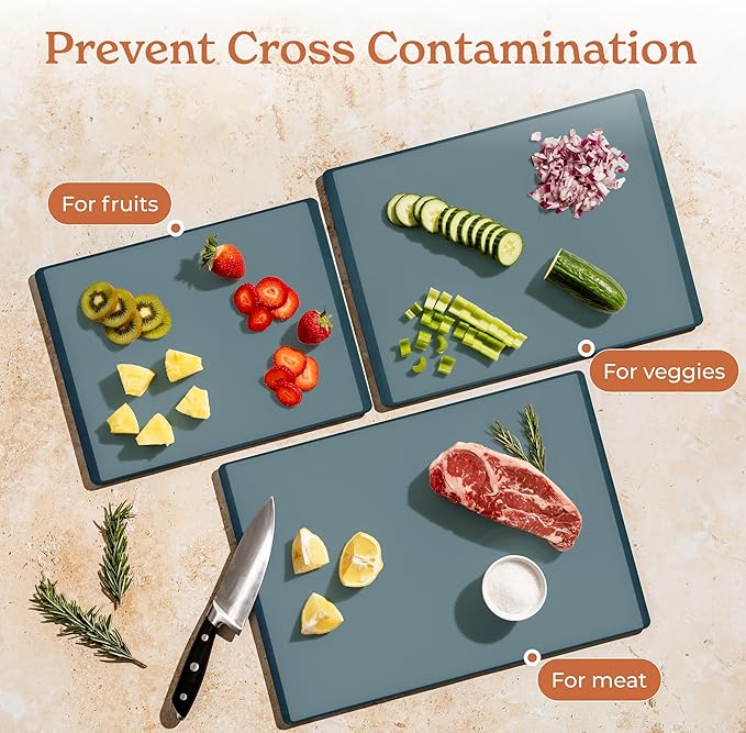 SMIRLY Plastic Cutting Board Set 3 Pieces, Non-Slip Dishwasher Safe Chopping Boards for Kitchen, Blue-Ruum Studio Home