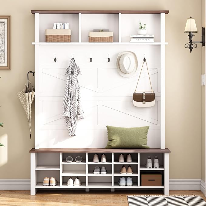 Ball & Cast 4-in-1 Hall Tree with 6 Hooks,Walnut Entryway Bench with Adjustable Shelves,Rustic Shoe Organizer with 16 Open Compartments,for Mudroom,Living Room,Hallway,White-Ruum Studio Home