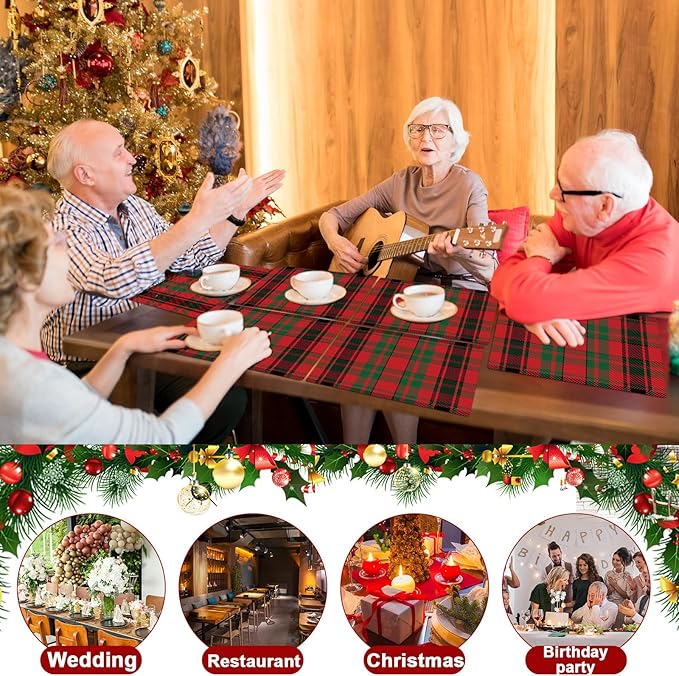 Christmas Placemats Set of 6 Red and Green Plaid Plastic Table Mats Recyclable Place Mats Washable Farmhouse Holiday Table Decoration for Indoor Outdoor Christmas Party Kitchen Dining-Ruum Studio Home