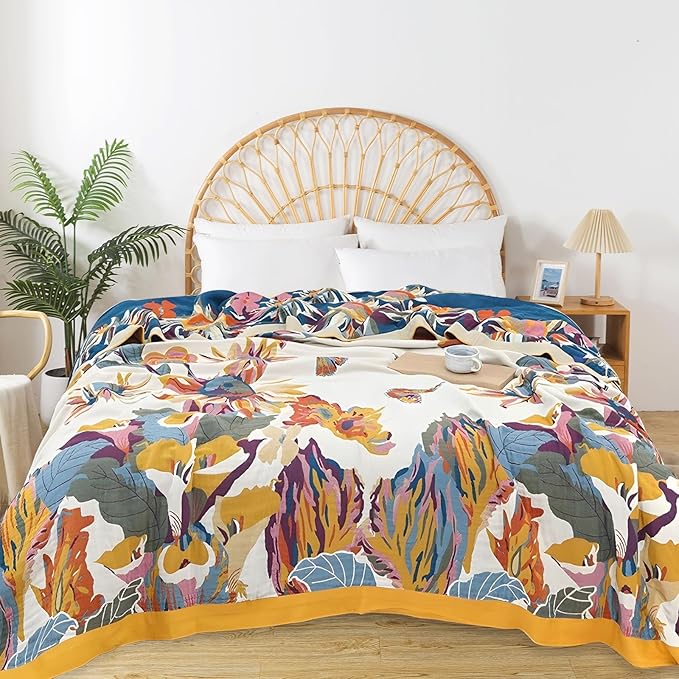 Boho Throw Blanket for Bed - 100% Pure Cotton Ultra Soft Rustic Quilt - Farmhouse Decor Bed Blankets, All Season Rustic Throw for Sofa Couch Chair(80''x 90'', Floral)-Ruum Studio Home