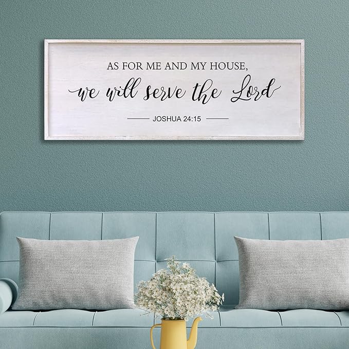 As for Me and My House We Will Serve the Lord Wall Decor - 32" x 12" Large Rustic Family Living Room Wood Framed Home Sign Joshua 24 15 Christian Bible Verse Plaque Hanging Wall Art(White)-Ruum Studio Home