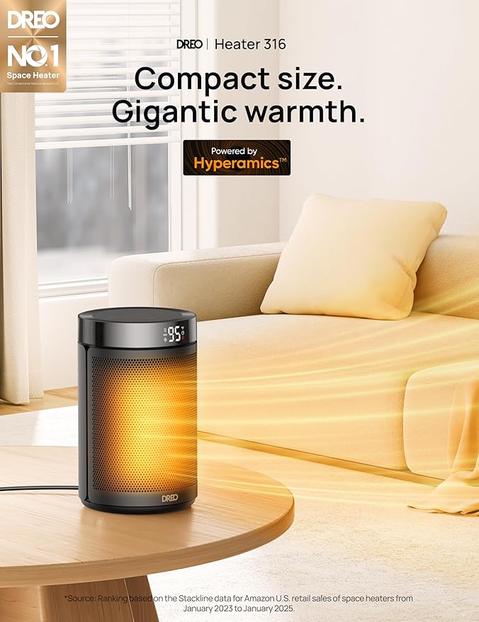 Dreo Space Heater, Portable Electric Heaters for Indoor Use with Thermostat, Digital Display, 1-12H Timer, Eco Mode and Fan Mode, 1500W PTC Ceramic Fast Safety Heat for Office Bedroom Home, Black-Ruum Studio Home