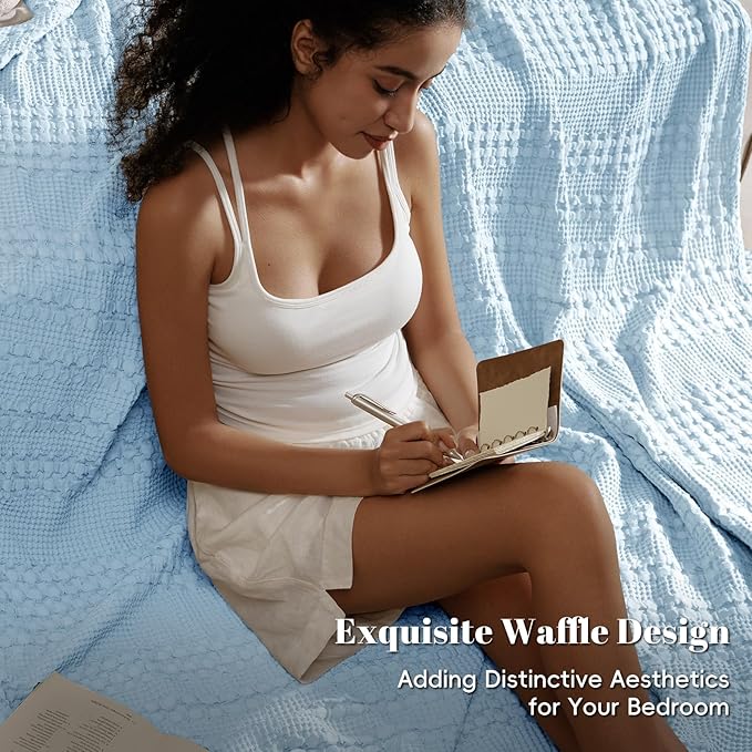PHF 100% Cotton Waffle Weave Blanket King Size, Soft Lightweight Breathable Cozy Summer Blankets for Bed, Luxury Aesthetic Woven Bedding for Home Decor, 108"x90", Baby Blue-Ruum Studio Home