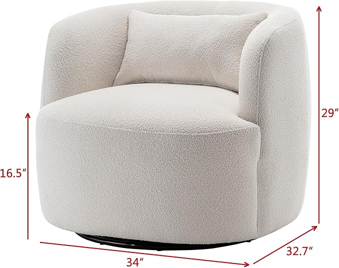 KINWELL 34" Wide Sherpa Swivel Barrel Chair, No Assembly Round Boucle Upholstered Accent Chair Armchair Single Sofa Chair with Toss Pillow for Living Room and Bedroom, Beige-Ruum Studio Home