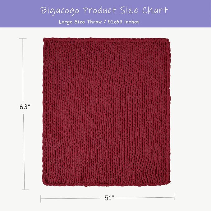 Bigacogo Chunky Knit Throw Blanket for Couch, 51x63 inches, 100% Hand Knitted with Thick Jumbo Chenille Yarn, Cozy Soft Large Rope Knot Cable Crochet Blankets for Sofa Bed Living Room, Red-Ruum Studio Home