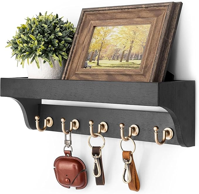 Rebee Vision Key Holder for Wall with Shelf : Decorative Key Organizer with 5 Rustic Keys Hooks and Primitive Wood Mail Organizer Wall Mount - Entryway Décor (Black)-Ruum Studio Home