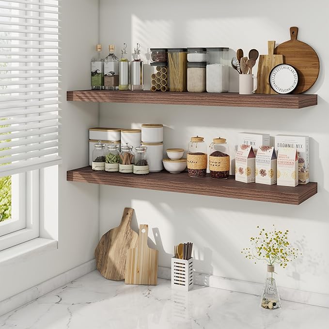 Fun Memories 40" Rustic Wood Floating Shelves with Invisible Brackets for Storage & Decor, Deep Wall Mounted Shelves for Bathroom, Kitchen, Living Room (Walnut, Set of 2)-Ruum Studio Home