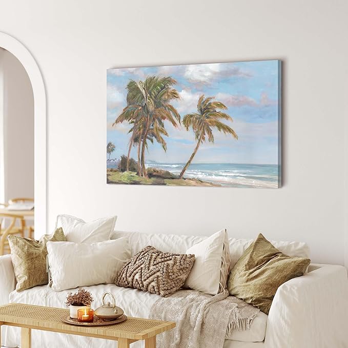 cozy country Palm Tree Wall Art 45"x30" - Coastal Pictures Beach Canvas Ocean Decor - Nautical Artwork Seascape Hand Painting for Living Room, Bedroom, Sea House-Ruum Studio Home