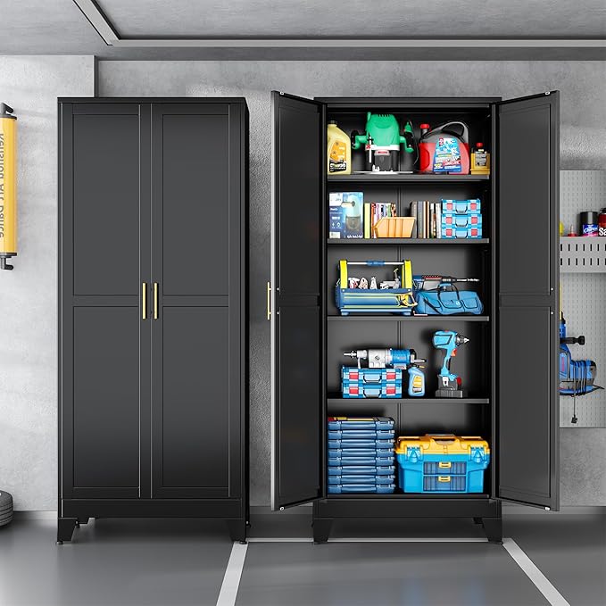 Black Metal Storage Cabinet,75" Steel Cabinets for Home Office, Kitchen Pantry Storage Cabinet with Doors and 5 Adjustable Shelves, Tool Cabinets, for Office, Home, Garage, School-Ruum Studio Home