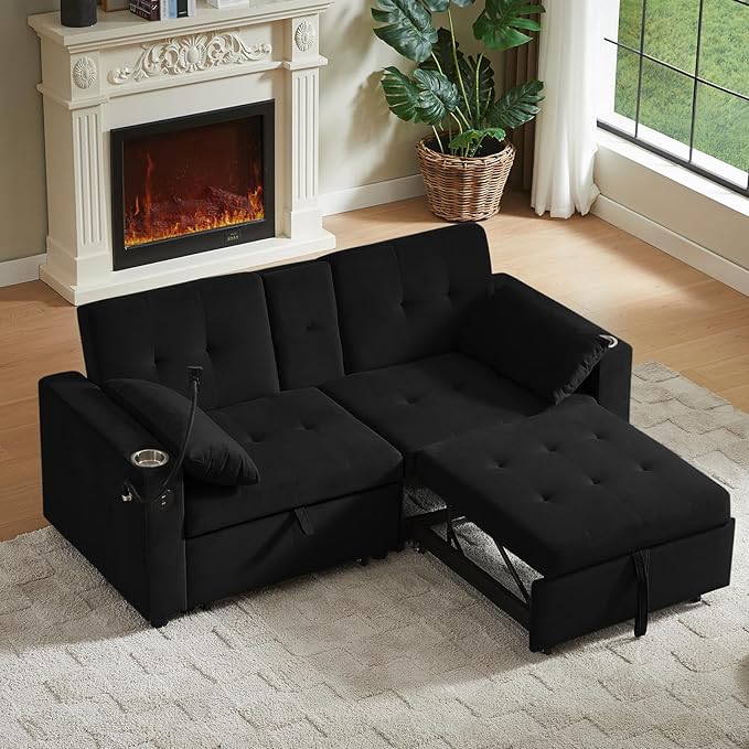 70" Queen Size Sofa Bed for Living Room – Pull-Out Sleeper Sofa Couch with Cup Holder, Phone Holder, USB Charging Port, Solid Wood Frame, Easy Assembly, Space-Saving Design for Small Apartments-Ruum Studio Home