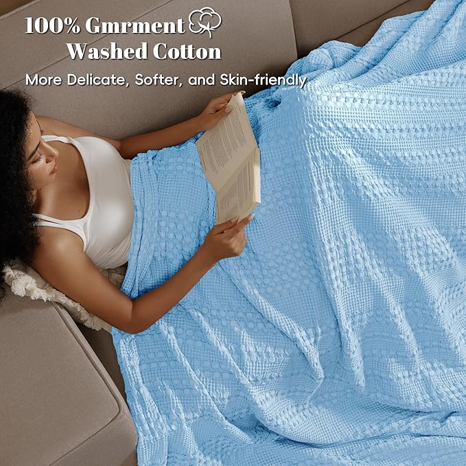 PHF 100% Cotton Waffle Weave Blanket Queen Size, Soft Lightweight Breathable Cozy Summer Blankets for Bed, Luxury Aesthetic Woven Bedding for Home Decor, 90"x90", Sky Blue-Ruum Studio Home