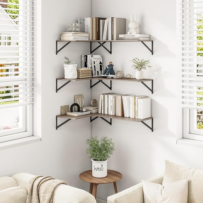 Heimlove 24" W x 12" D Wall Shelves for Books, 12 Inch Deep Floating Shelves Set of 3, Wide Floating Bookshelf with Metal Bracket for Living Room, Kitchen, Office, Bedroom and Decor Storage - Grey-Ruum Studio Home