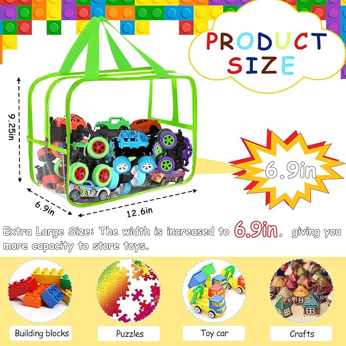 6 Colors Widen X-Large Toy Storage Bags 12.6×9.25×6.9In with Labels, Reusable Clear PVC Board Game Storage, Travel Waterproof Organizer Bags with Zipper for Building Blocks, Puzzle, Stuffed Animals-Ruum Studio Home