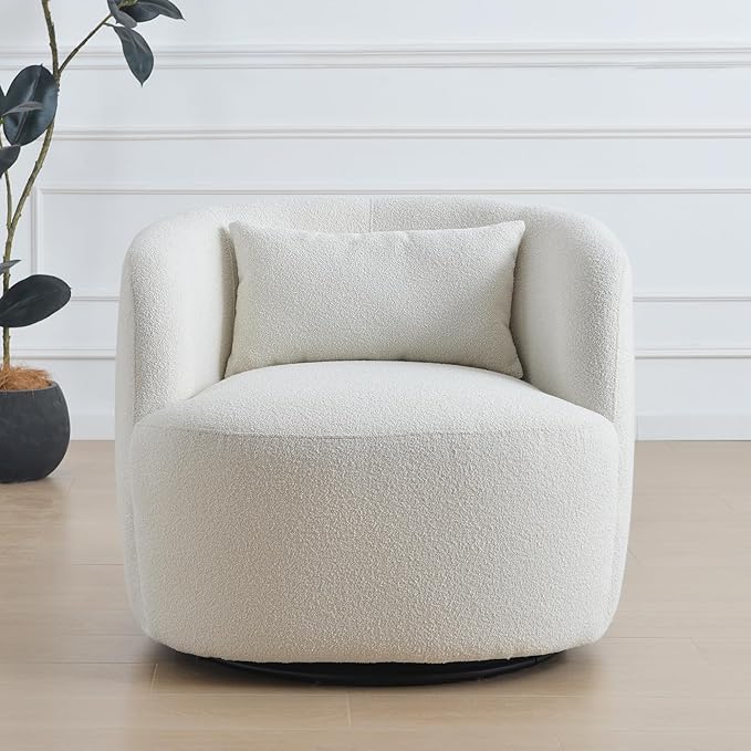 KINWELL 34" Wide Sherpa Swivel Barrel Chair, No Assembly Round Boucle Upholstered Accent Chair Armchair Single Sofa Chair with Toss Pillow for Living Room and Bedroom, Beige-Ruum Studio Home