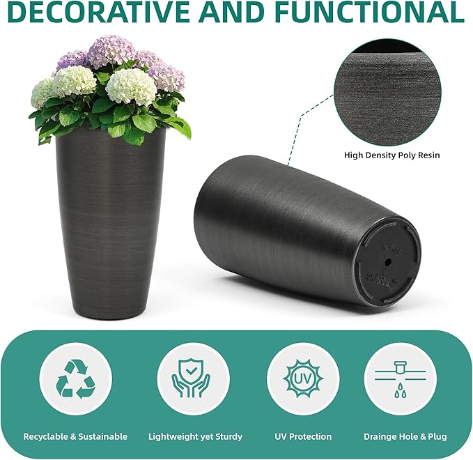 22.8" Resin Planters for Outdoor Plants, Set of 2 Modern Large Flower Pots with Handmade Brushed Metal Finish, Weather Resistant for Indoor/Outdoor Year-Round Use-Ruum Studio Home