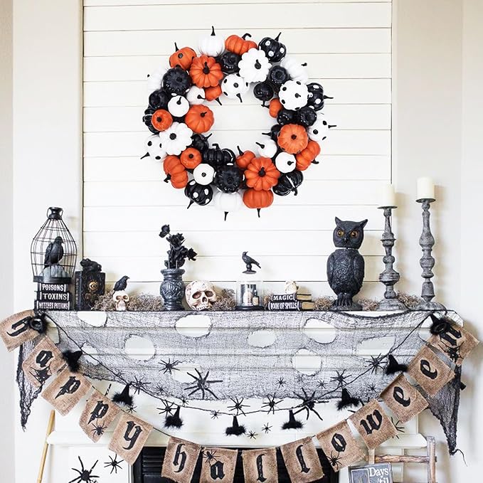 GarveeHome Halloween Pumpkin Wreath for Front Door, 18 Inch Fall Farmhouse Wreath with Orange, Black and White Pumpkins, Rattan Bottom Halloween Indoor Outdoor Home Party Decor-Ruum Studio Home