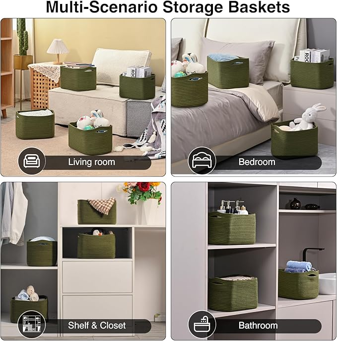 Storage Basket for Shelves, Small Baskets for Organizing, Woven Cotton Rope Baskets for Storage, Book Basket, Decorative Shelf Basket, 12.5"Lx9.1''Wx7.9''H (4 Packs) Green-Ruum Studio Home