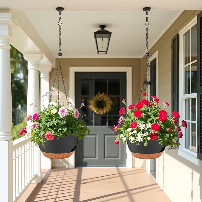 2 Pack 12 Inch Large Hanging Planters with Chains Self Watering Black Brown Plastic Hanging Pots for Indoor Outdoor Plants, Garden Porch Home Decor，Black Brown-Ruum Studio Home