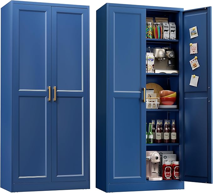 71" Storage Cabinet, Metal Pantry Cabinet, Kitchen Pantry Storage Cabinets with Doors and 4 Shelves, Cabinets for Laundry Room, Living Room, Dinning Room, Assembly Required, Blue-Ruum Studio Home