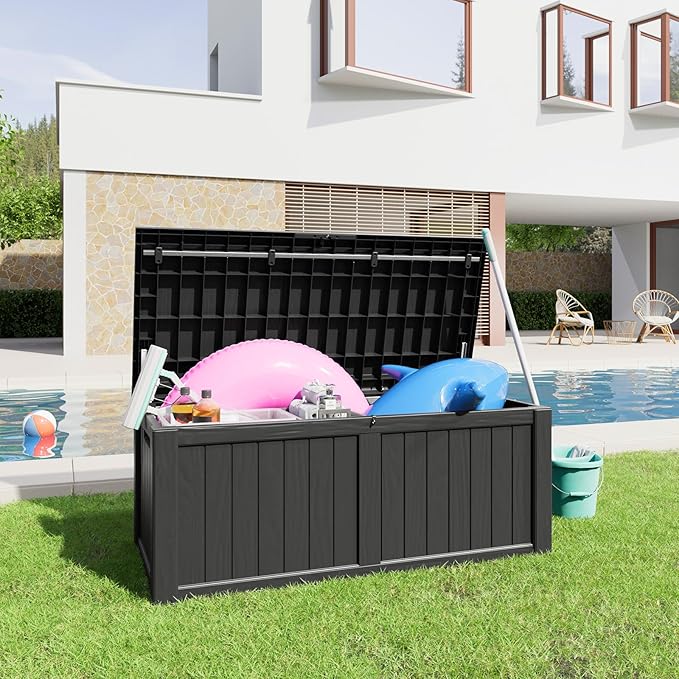 120 Gallon Resin Deck Box, Lockable Patio Outdoor Storage Box for Furniture, Garden Tools and Tools Storage, Waterproof Outside Storage Boxes - Black-Ruum Studio Home