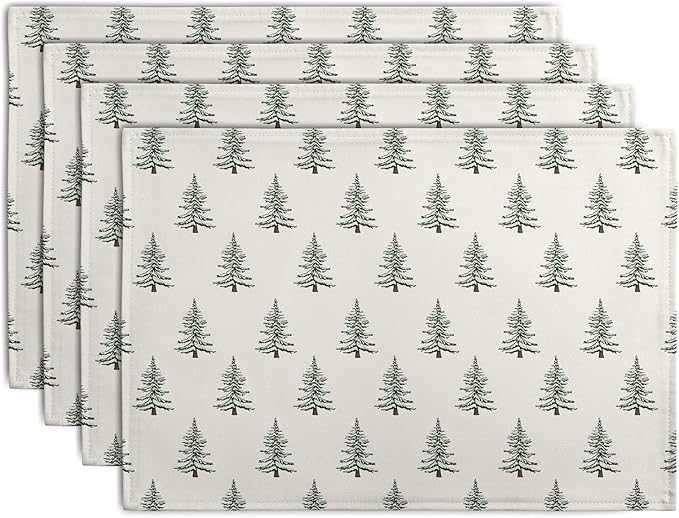 Pine Trees Christmas Placemats Set of 4 Xmas Tree Vintage Rustic Print Place Mats Winter Holiday Green White Farmhouse Linen Table Mats for Indoor Outdoor Kitchen Dining Party Decor-Ruum Studio Home