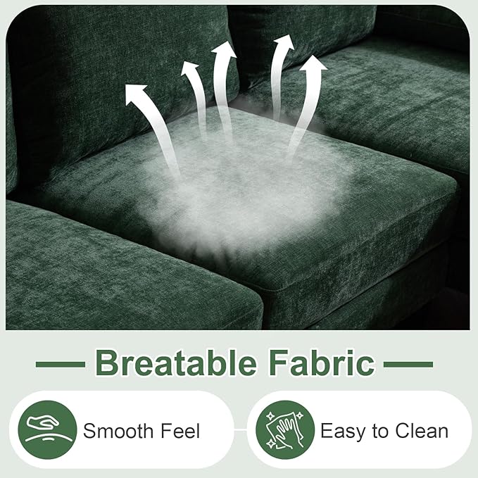 Karl home U-Shape Sectional Sofa Couch 111" Modern 4-Seat Sofa with Chaises Chenille Fabric Upholstered Covertible Couch with Wood Grain Legs for Living Room, Reception Room, Apartment, Green-Ruum Studio Home