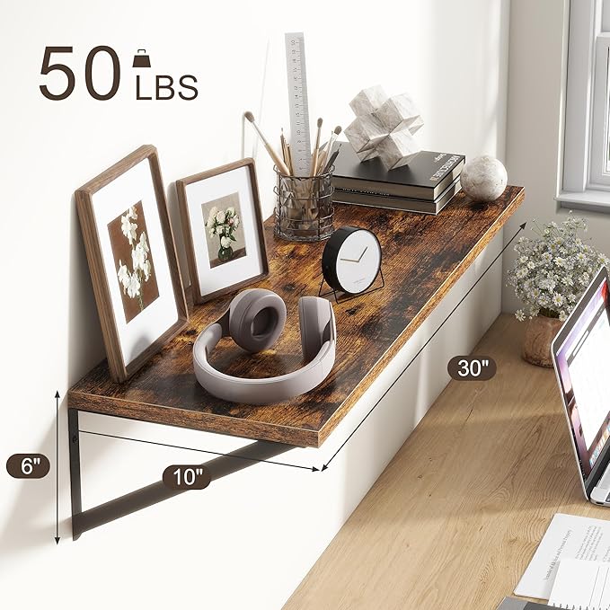 10 Inch Deep Floating Shelves, Floating Shelves 30 Inch Long, Rustic Wood Wall Shelves 30"W x 10"D, Deep Floating Shelf with Bracket, Wide Storage Shelves for Living Room, Bathroom, Rustic Brown-Ruum Studio Home