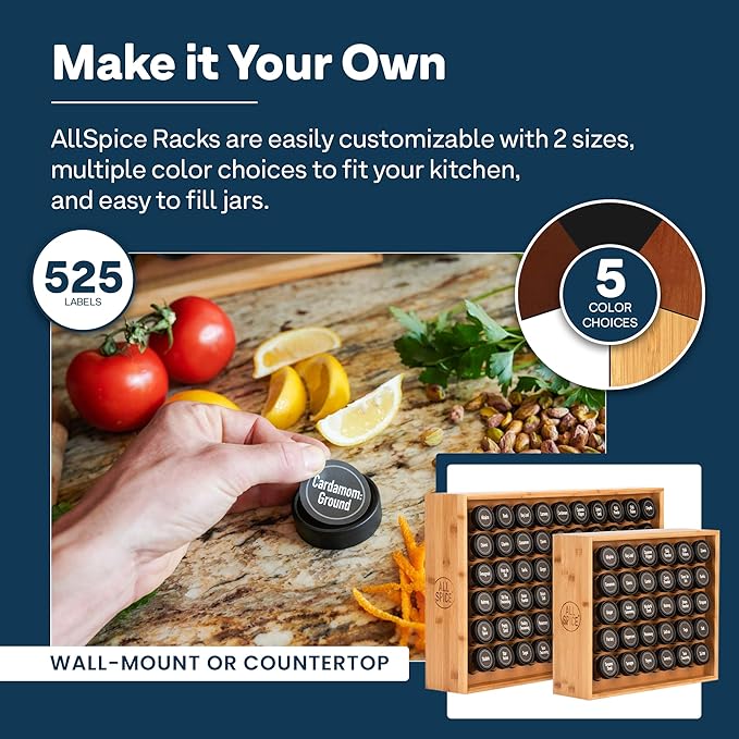 AllSpice Spice Rack Organizer, Wood, 525 Unique Labels, Countertop or Wall Mount, Includes 30 4oz Jars- Bamboo-Ruum Studio Home