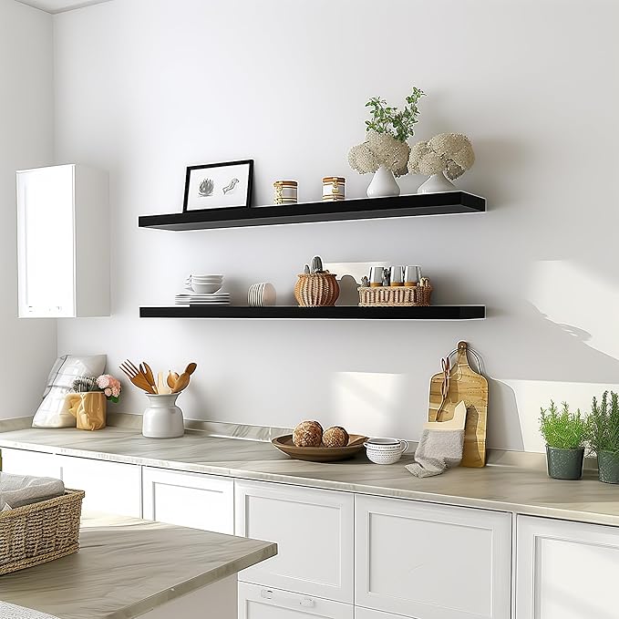 48 Inch Floating Shelves for Wall Rustic Black Wood Wall Shelves for Bedroom Set of 4-Ruum Studio Home