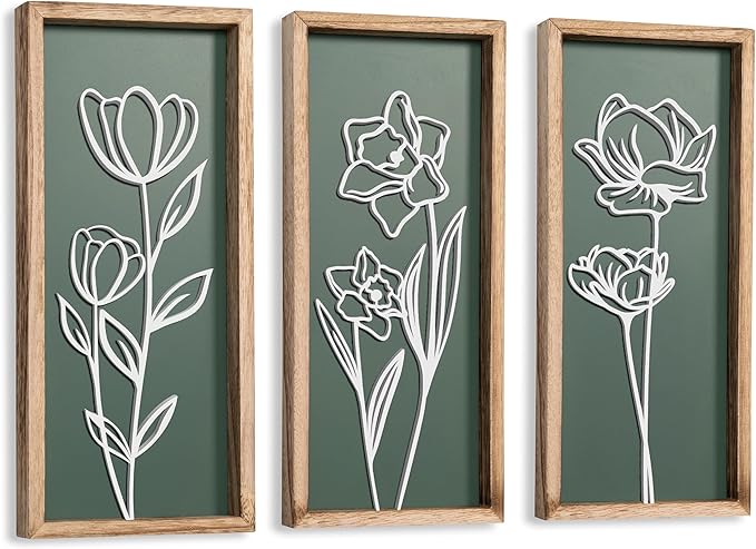 3D Floral Green Wall Art (Set of 3) Lightweight, Wooden Ready-to-Hang Boho Framed Wall Art for Bathroom, Master Bedroom, Living Room or Office - Premium Sage Green Farmhouse Decor - Gift-Boxed-Ruum Studio Home
