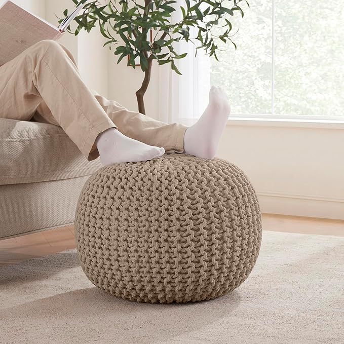 Ornavo Home Pouf Ottoman Foot Rest - 100% Cotton Pouffe - Hand Knitted Cable Braid Cord - Boho Round Stuffed Ottoman for Living Room, Bedroom - Beige-Ruum Studio Home