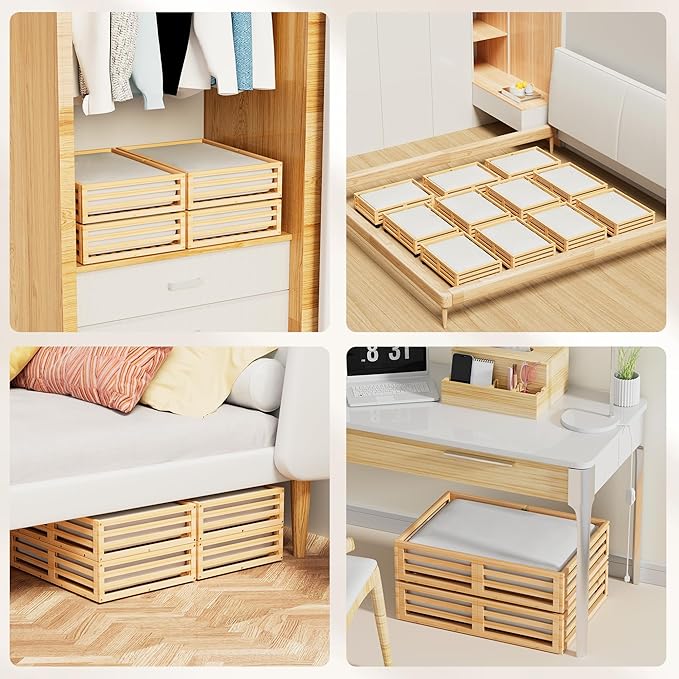 Bamboo Under Bed Storage Containers- Underbed Organizer with Wheels with Large Dust Bag,Sturdy Wood Rolling Under the Bed Shoe Storage Organizer Drawer 2 Packs (Nature, Small)-Ruum Studio Home