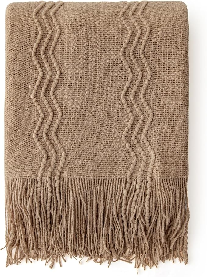 MIULEE Tan Taupe Knitted Throw Blanket for Couch Boho Textured Cozy Woven Blanket with Tassels for Sofa Chair Bed Living Room Farmhouse Home Decor Acrylic Wave Pattern 50"x60"-Ruum Studio Home