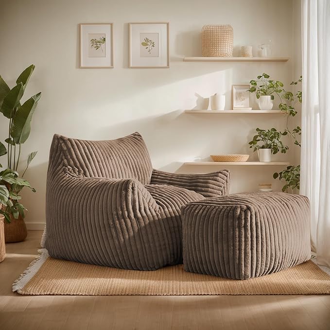 Giant Bean Bag Chairs for Adults, Oversized Chaise Lounge Chair Indoor with Memory Foam - Plush Boneless Lounger & Ottoman for Bedroom, Living Room, Gaming & Reading, Lazy Floor Sofa Chair, Khaki-Ruum Studio Home