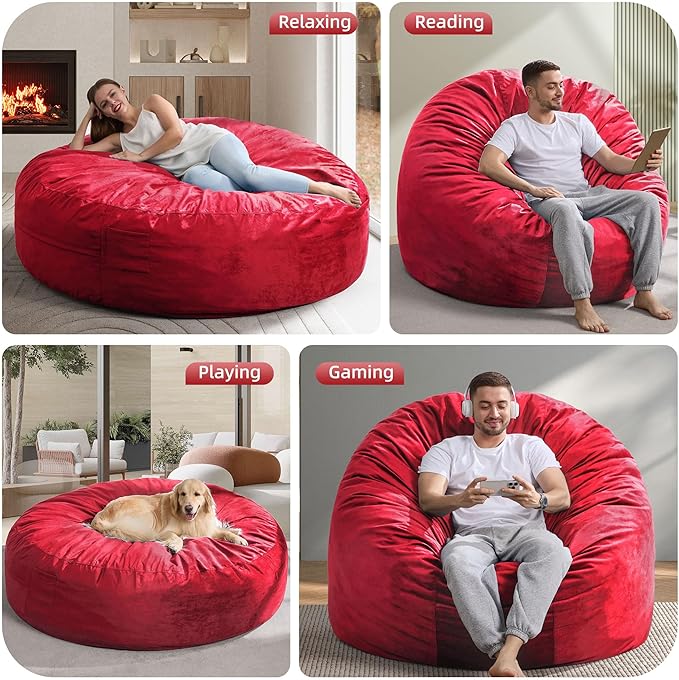 Hobestluk 6FT Bean Bag Chair Bean Bag Chairs for Adults Giant Bean Chairs with Velvet Cover, Memory Foam BeanBag Chair Fluffy BeanBag Chairs for Living Room, Bedroom- Red (70" x 70" x 15")-Ruum Studio Home
