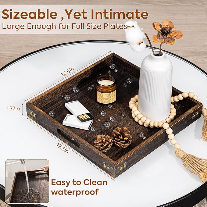 Yangbaga Serving Tray with Handles,12.5"*12.5"Wood Decorative Tray for Living Room,Modern Coffee Table Tray,Square Large Serving Platters for Home Decor,Ottoman,Bed,Kitchen,Bathroom, Breakfast,Bar-Ruum Studio Home
