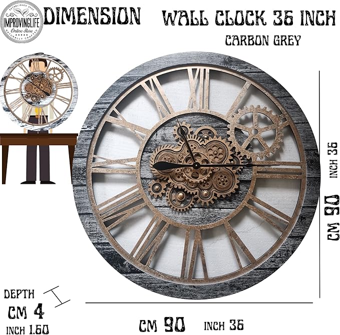 The Gears Clock 36'' Inch Real Moving Gear Wall Clock Vintage Industrial Oversized Rustic Farmhouse (Vintage Carbon Grey and Bronze)-Ruum Studio Home