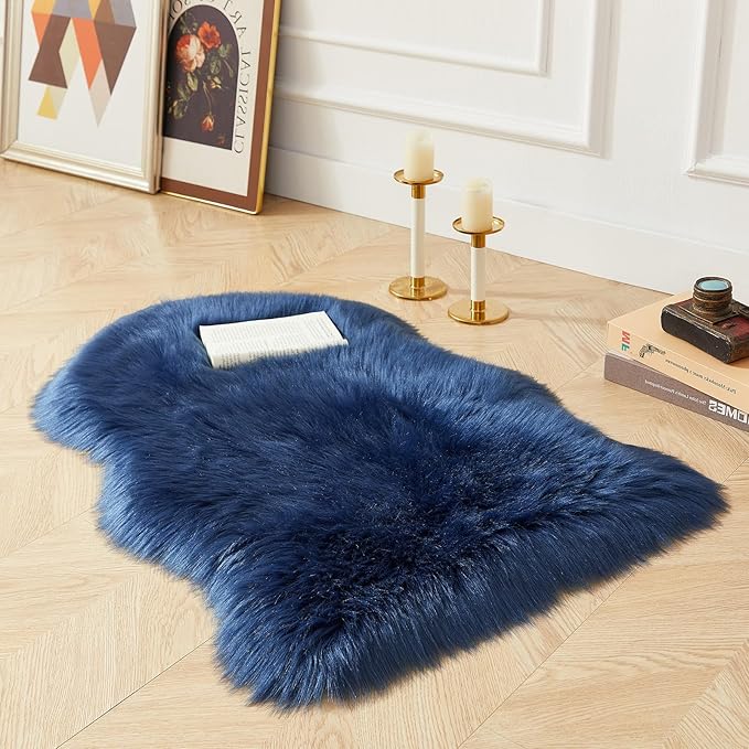AMTOVO Faux Fur Rug, Dark Blue Small Area Rug, Fluffy Sheepskin Rug, Fuzzy Ultra Soft 2 x 3 ft Shag Rugs for Bedroom Sofa Throw Cushion Room Decor, Sheepskin-Ruum Studio Home